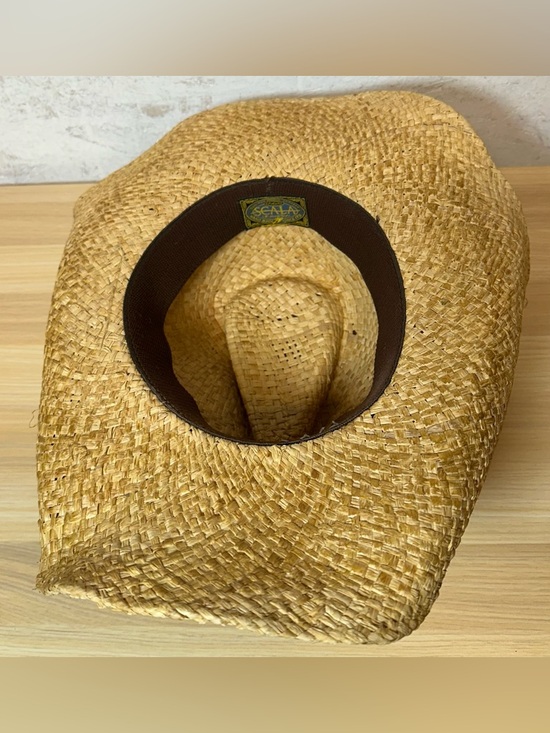 Scala Natural Straw Cowboy Hat with Brown/faux Turquoise Studded Band Sz L - Picture 3 of 4